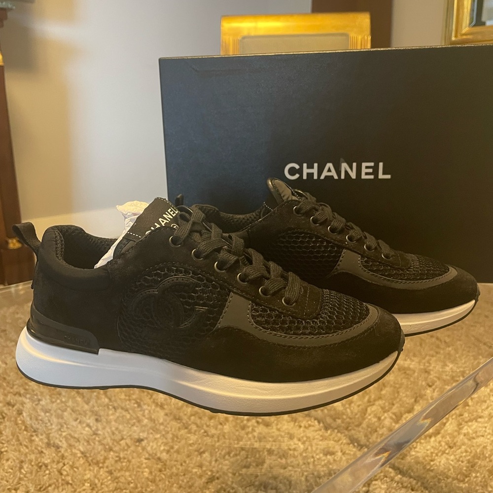 Authentic Chanel Black Mesh / Suede Sneakers….. sz 35 1/2.    New with Box !!